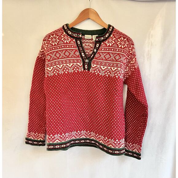 Vintage LL Bean Sweater S Red Nordic Fair Isle 100% Wool Christmas Apres Ski USA - Picture 1 of 7
